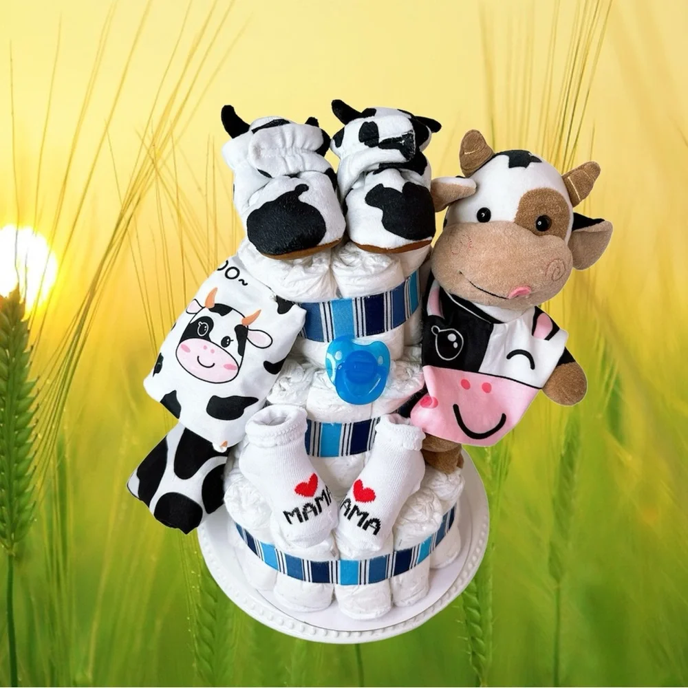 Cow Diaper Cake, Farm Baby Shower, Farm Theme